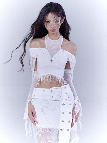 WSW WUSHENWU Sunlight Lace Dream White Elegant Crop Top