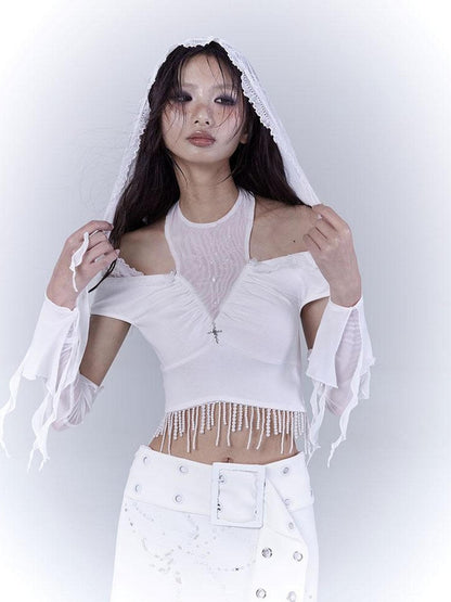WSW WUSHENWU Sunlight Lace Dream White Elegant Crop Top