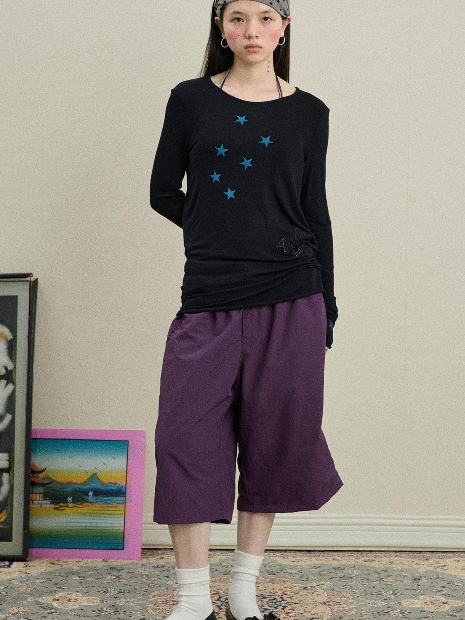 Achihara Sunproof Star Print Modal Cotton Stretch Knit T-Shirt