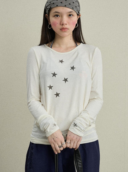 Achihara Sunproof Star Print Modal Cotton Stretch Knit T-Shirt