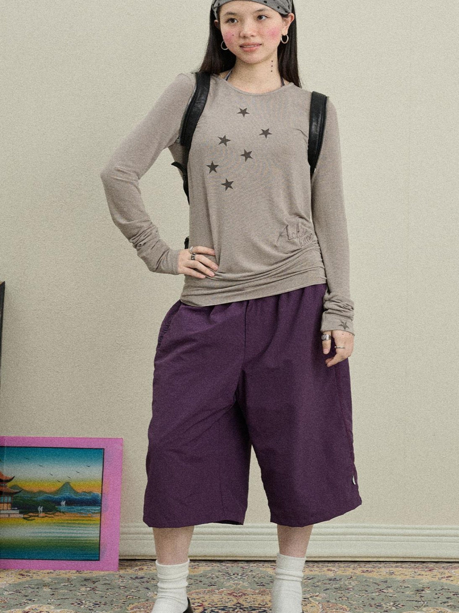 Achihara Sunproof Star Print Modal Cotton Stretch Knit T-Shirt