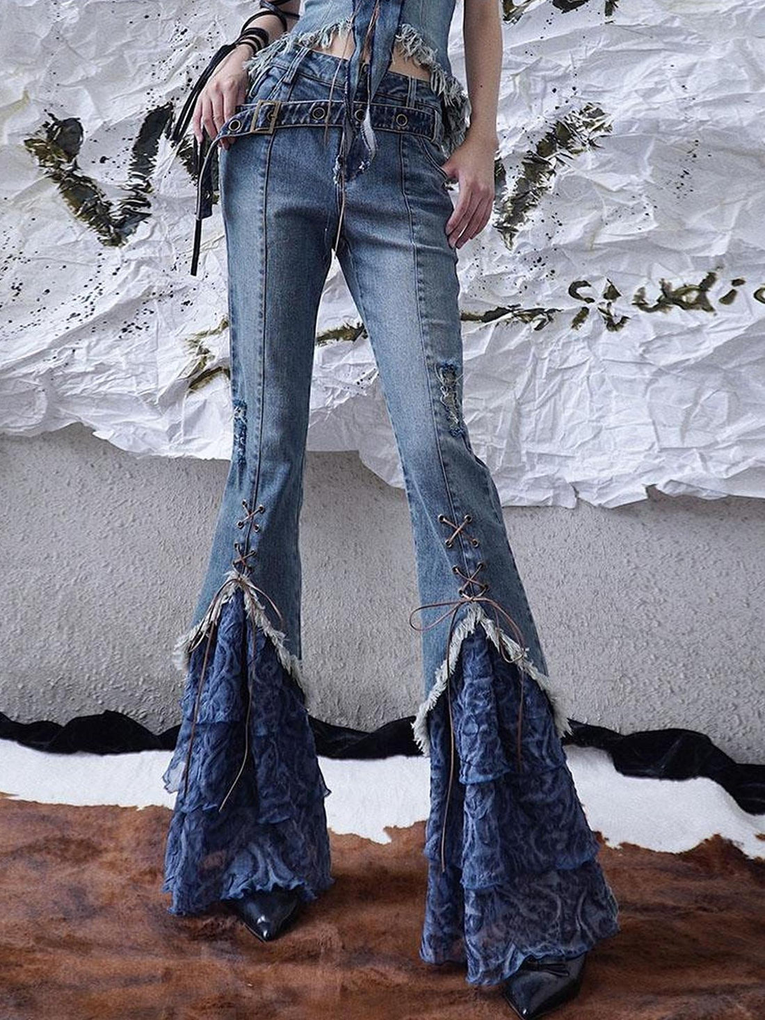 WSW WUSHENWU Sunset Road Mesh Panel Tie Detail Jeans
