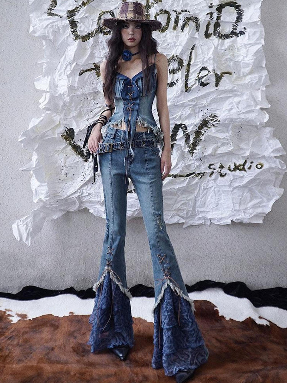 WSW WUSHENWU Sunset Road Mesh Panel Tie Detail Jeans