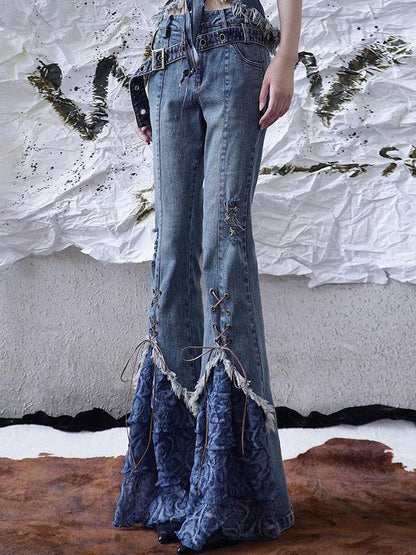 WSW WUSHENWU Sunset Road Mesh Panel Tie Detail Jeans