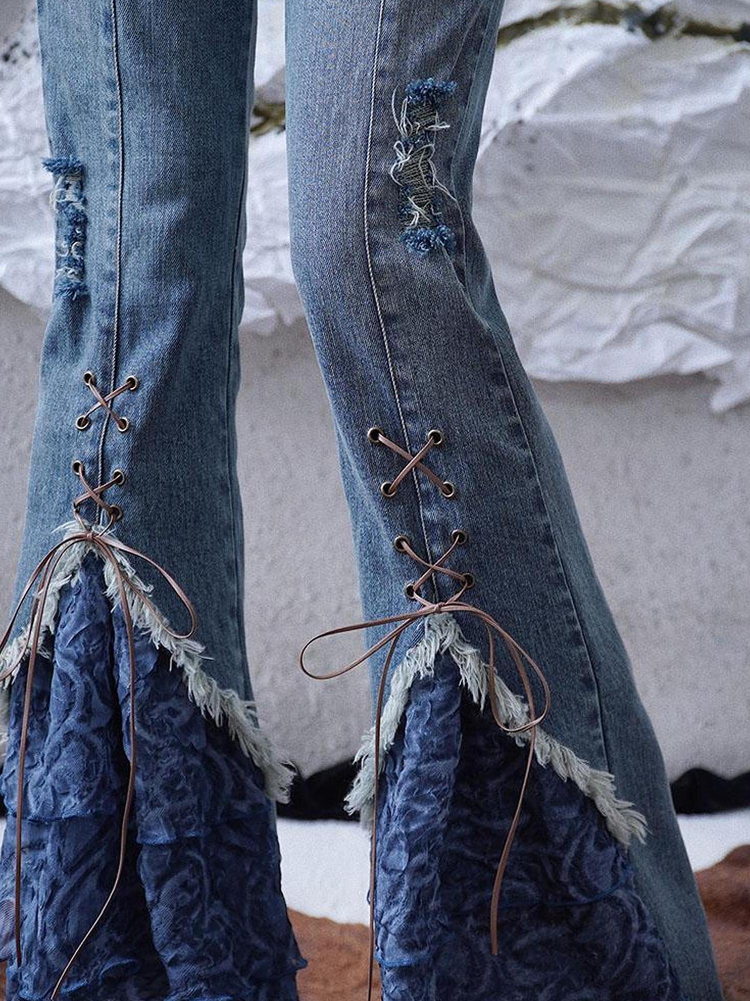 WSW WUSHENWU Sunset Road Mesh Panel Tie Detail Jeans