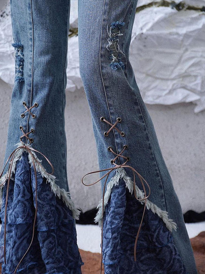 WSW WUSHENWU Sunset Road Mesh Panel Tie Detail Jeans