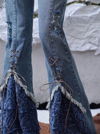 Sunset Road Mesh Panel Tie Detail Jeans