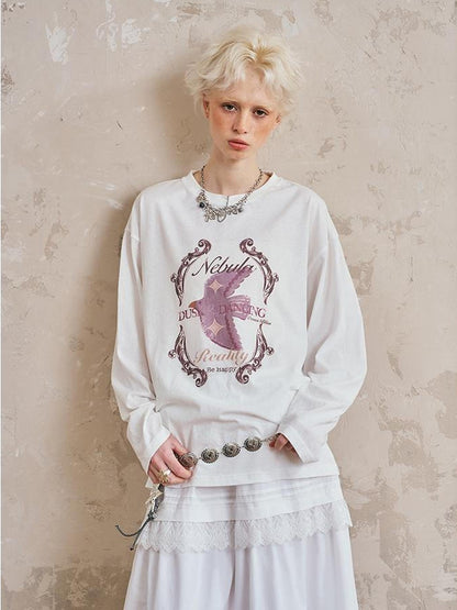 DIDDI MODA Swallow Print Loose Fit Vintage Tee