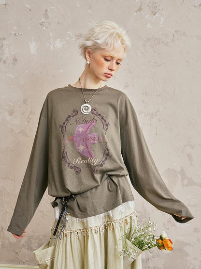 DIDDI MODA Swallow Print Loose Fit Vintage Tee