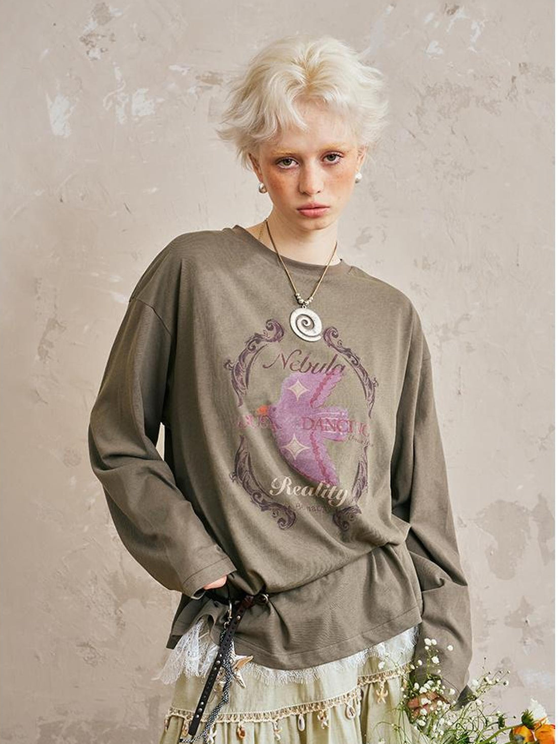 DIDDI MODA Swallow Print Loose Fit Vintage Tee