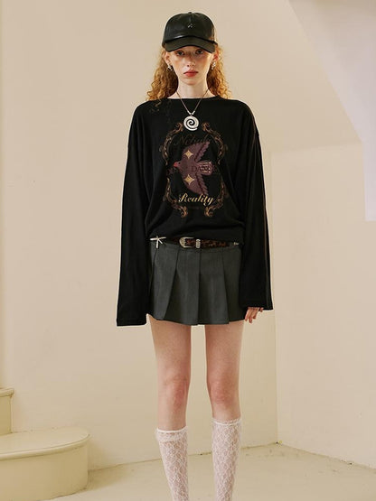 DIDDI MODA Swallow Print Loose Fit Vintage Tee