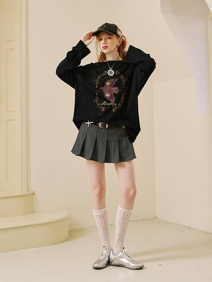 DIDDI MODA Swallow Print Loose Fit Vintage Tee