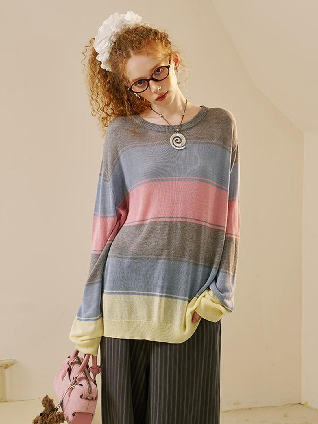 DIDDI MODA Swallow Print Tee Striped Knit Top Washed Pocket Skirt Set