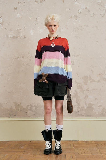 DIDDI MODA Swallow Print Tee Striped Knit Top Washed Pocket Skirt Set
