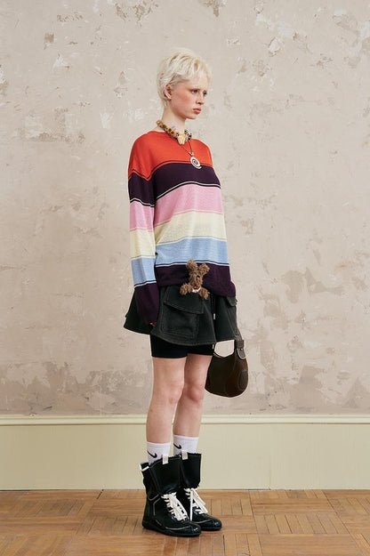 DIDDI MODA Swallow Print Tee Striped Knit Top Washed Pocket Skirt Set