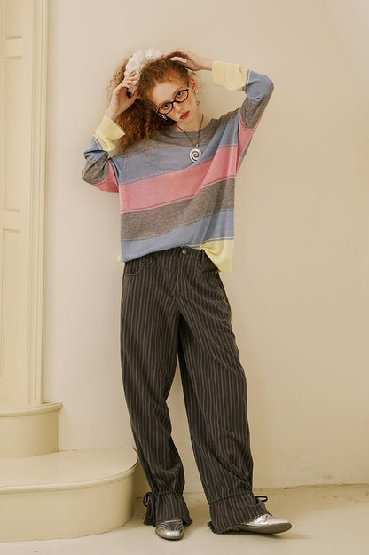 DIDDI MODA Swallow Print Tee Striped Knit Top Washed Pocket Skirt Set