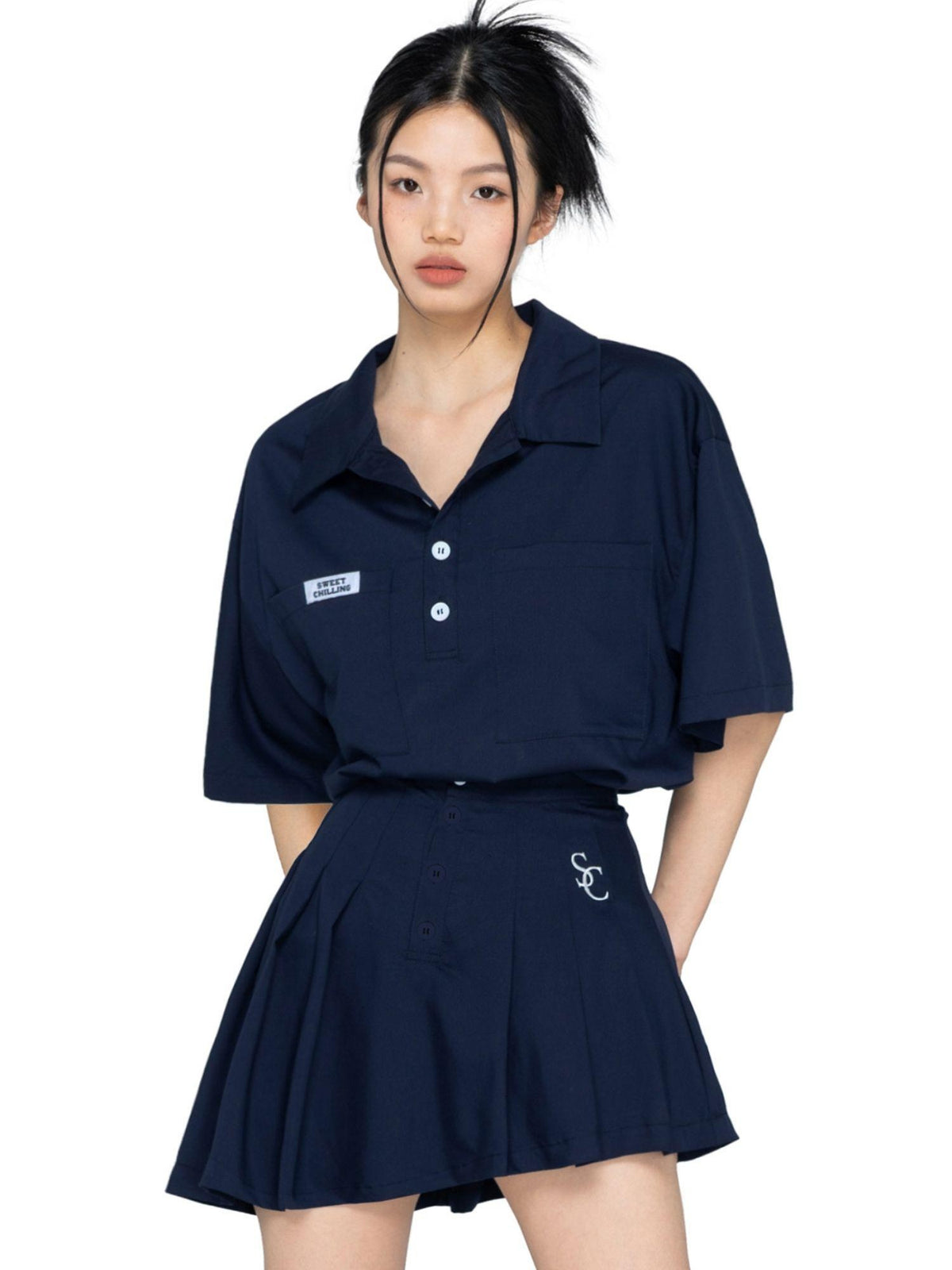 SweetChilling American Sporty Polo Collar Short Sleeve Women&