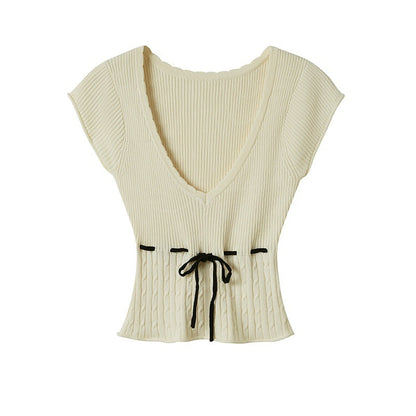 SweetChilling Beige Knit Ruched Waist Short Sleeve Women&