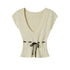 SweetChilling Beige Knit Ruched Waist Short Sleeve Women&