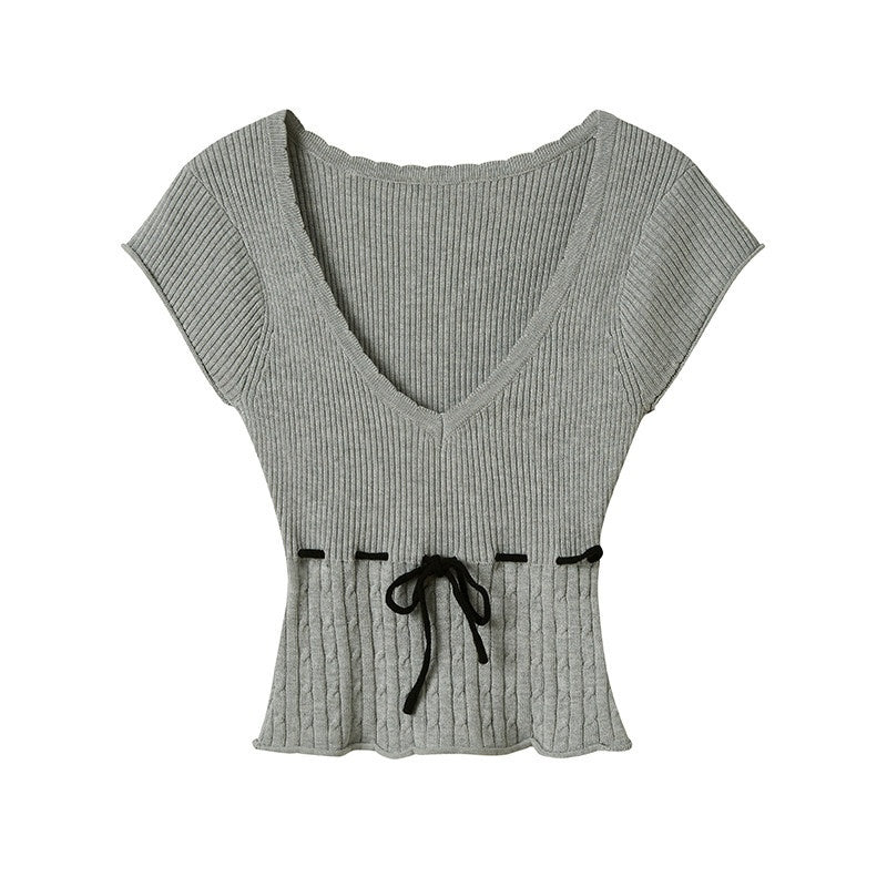 SweetChilling Beige Knit Ruched Waist Short Sleeve Women&
