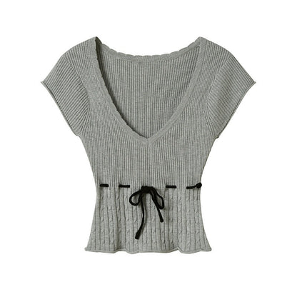 SweetChilling Beige Knit Ruched Waist Short Sleeve Women&