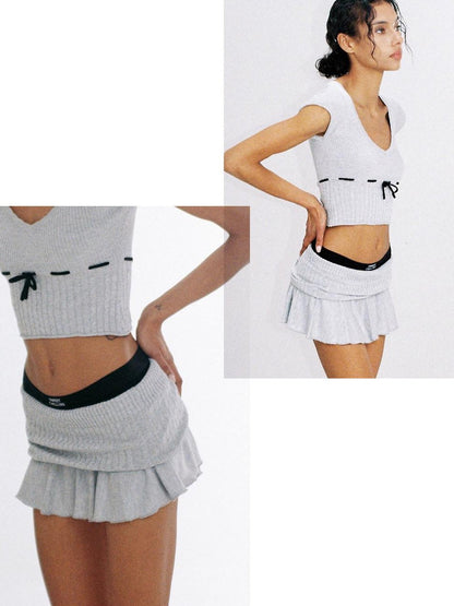SweetChilling Beige Knit Ruched Waist Short Sleeve Women&