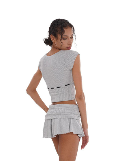 SweetChilling Beige Knit Ruched Waist Short Sleeve Women&