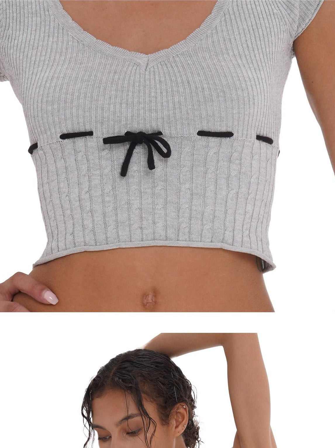 SweetChilling Beige Knit Ruched Waist Short Sleeve Women&