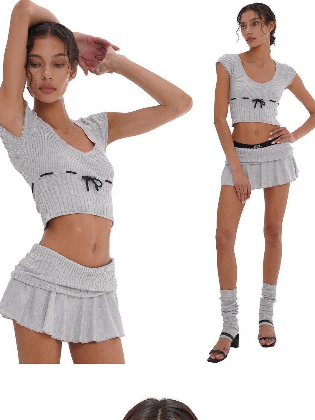 SweetChilling Beige Knit Ruched Waist Short Sleeve Women&