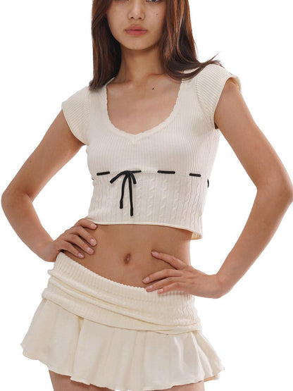 SweetChilling Beige Knit Ruched Waist Short Sleeve Women&