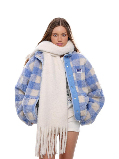 SweetChilling Blue Plaid Double Layer High Collar Cropped Women&