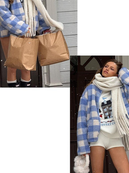 SweetChilling Blue Plaid Double Layer High Collar Cropped Women&