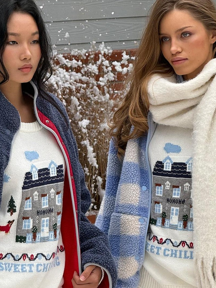 SweetChilling Blue Plaid Double Layer High Collar Cropped Women&