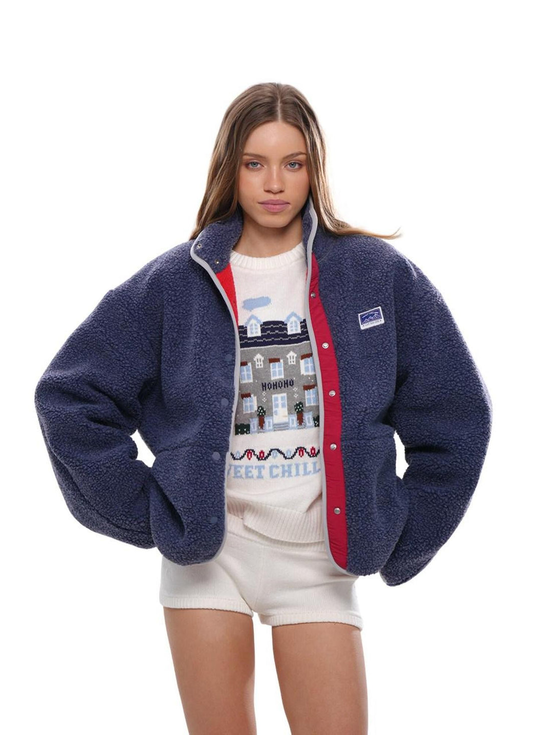 SweetChilling Blue Plaid Double Layer High Collar Cropped Women&