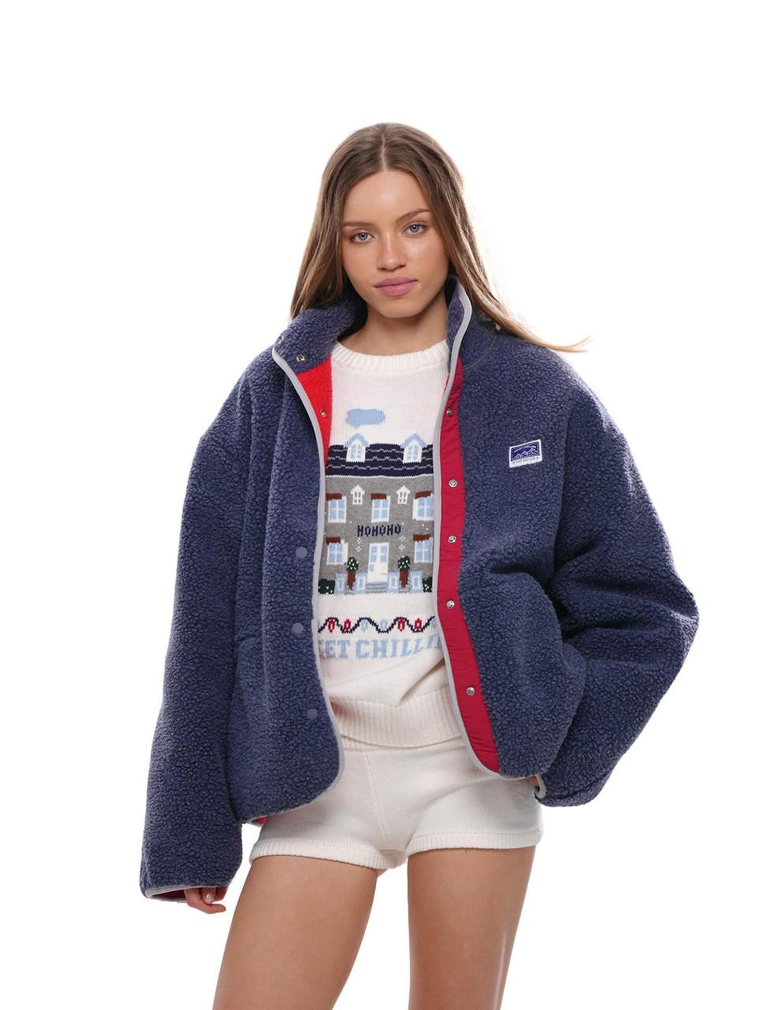 SweetChilling Blue Plaid Double Layer High Collar Cropped Women&