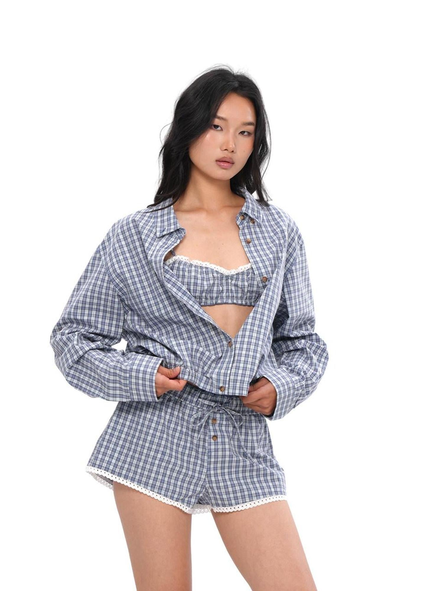 SweetChilling Blue Plaid Long Sleeve Shirt Jacket Bustier Women&