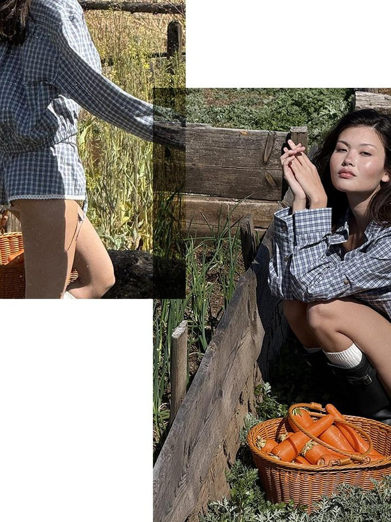SweetChilling Blue Plaid Long Sleeve Shirt Jacket Bustier Women&