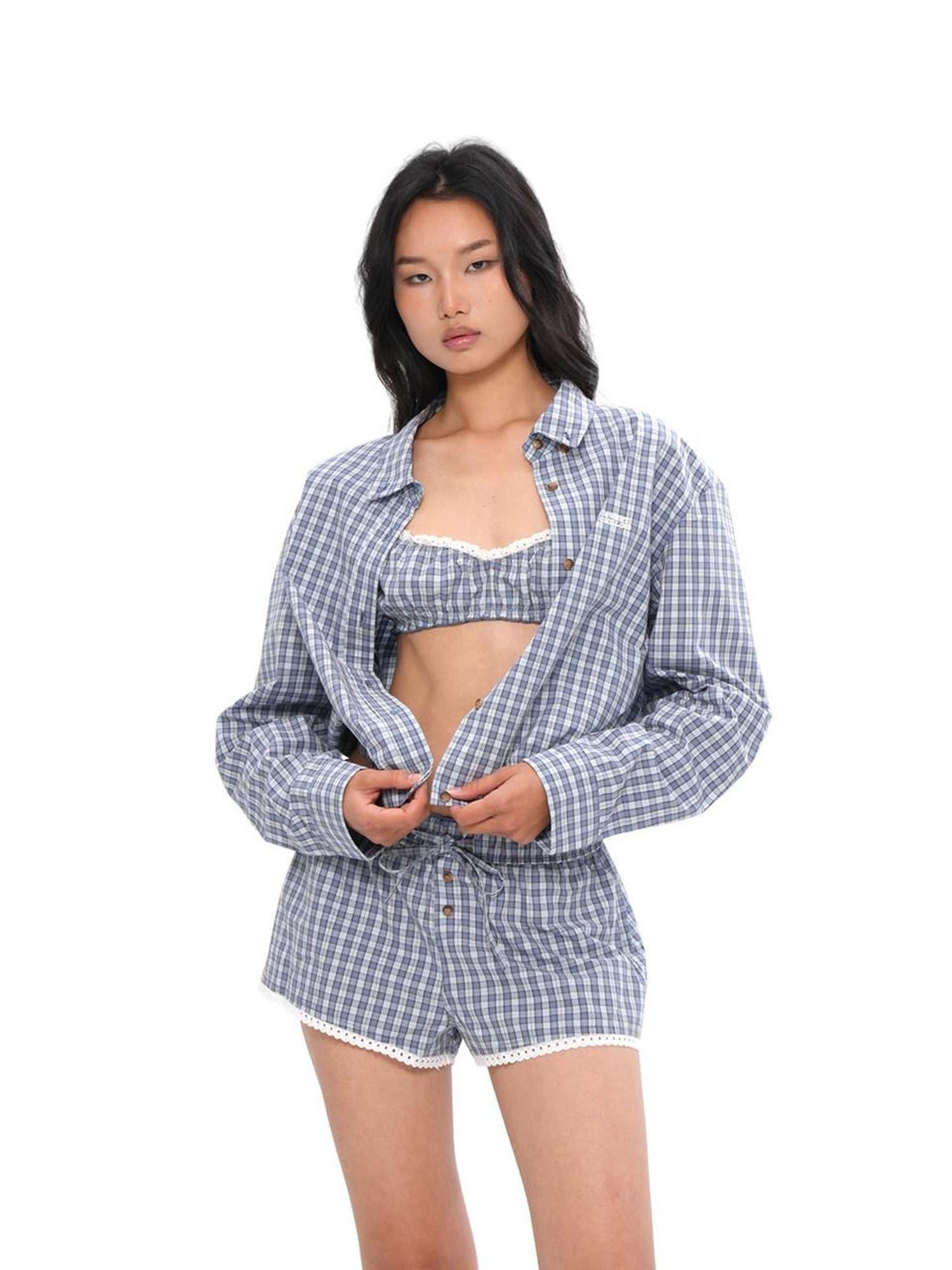 SweetChilling Blue Plaid Long Sleeve Shirt Jacket Bustier Women&
