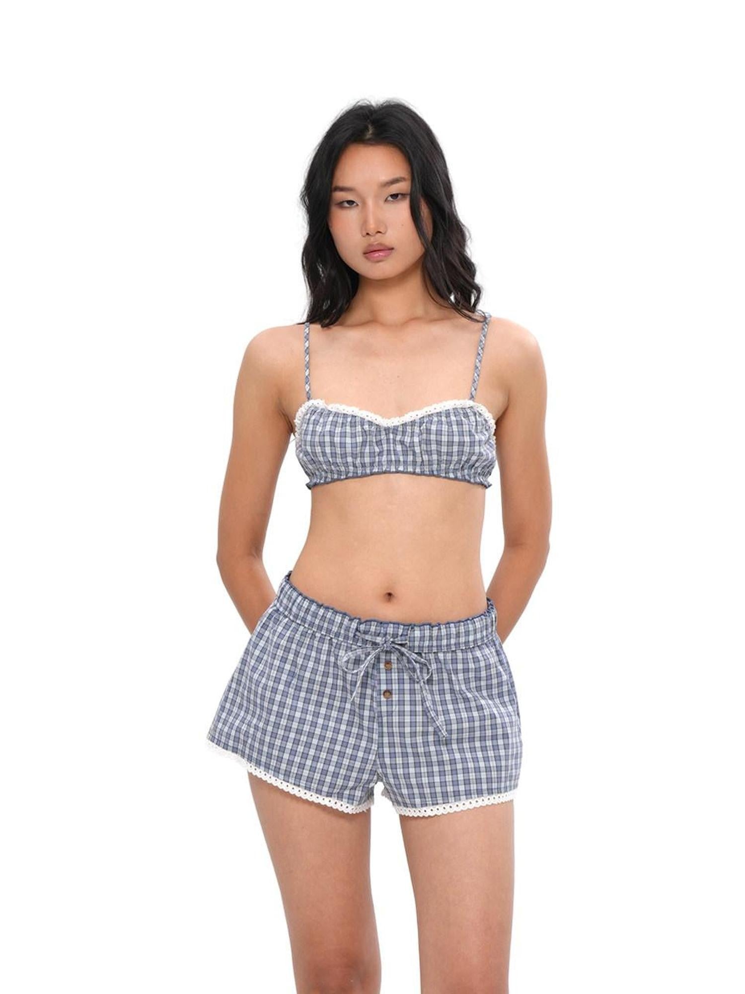 SweetChilling Blue Plaid Long Sleeve Shirt Jacket Bustier Women&