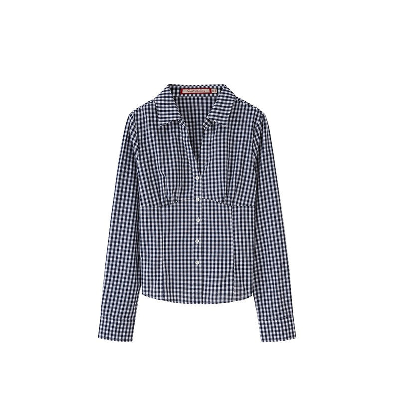 SweetChilling Blue Plaid V-neck Long Sleeve Waist Cinch Women&