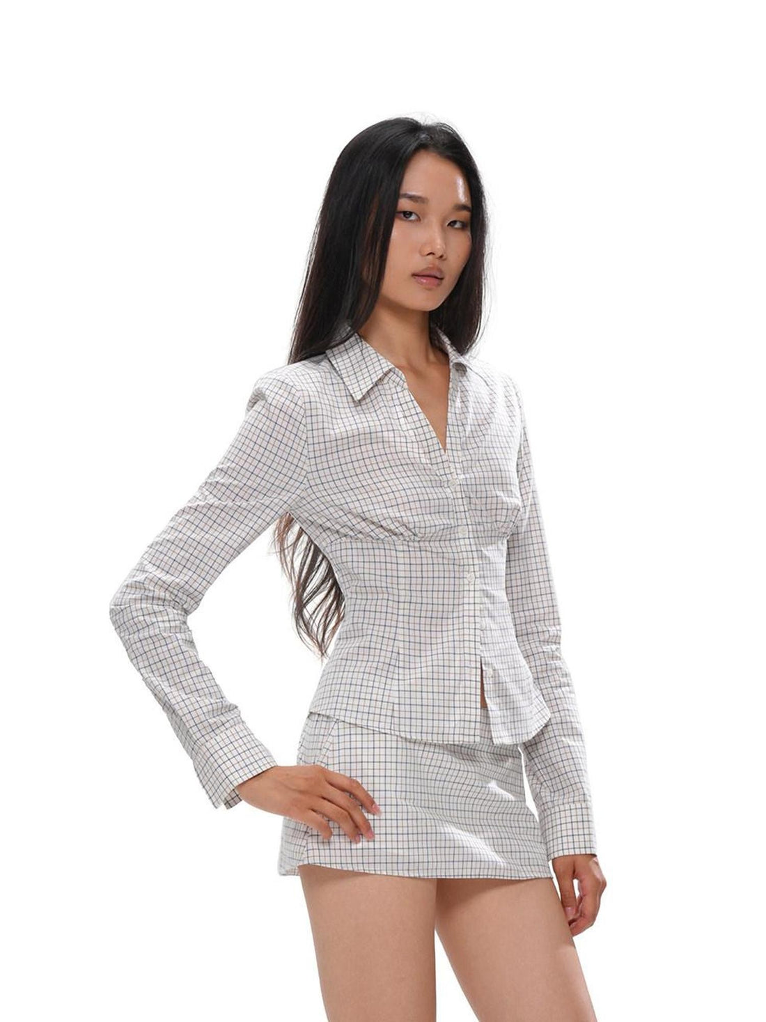SweetChilling Blue Plaid V-neck Long Sleeve Waist Cinch Women&