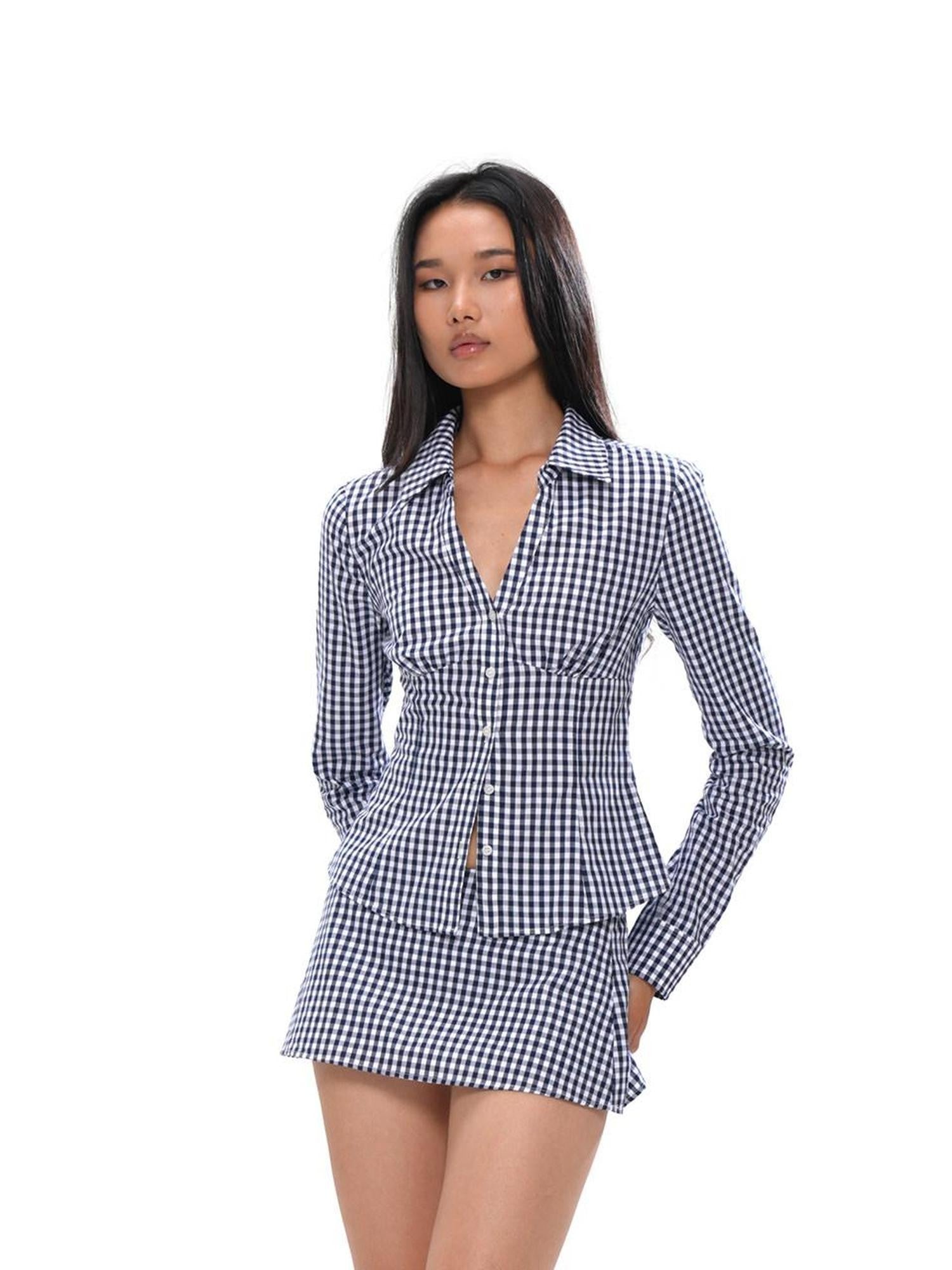 SweetChilling Blue Plaid V-neck Long Sleeve Waist Cinch Women&