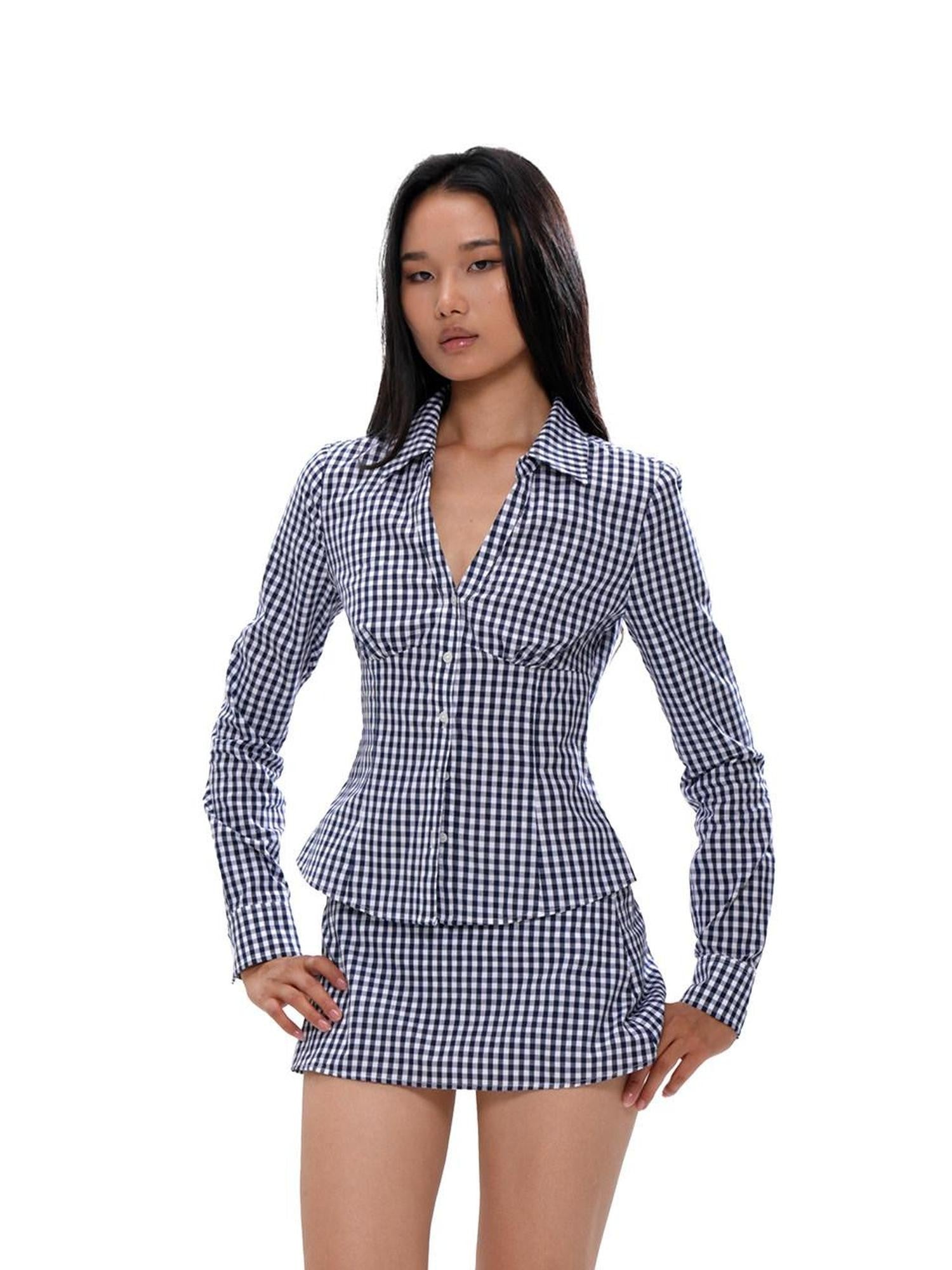 SweetChilling Blue Plaid V-neck Long Sleeve Waist Cinch Women&