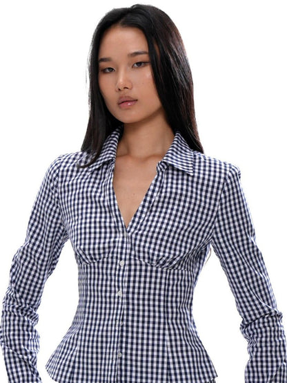 SweetChilling Blue Plaid V-neck Long Sleeve Waist Cinch Women&