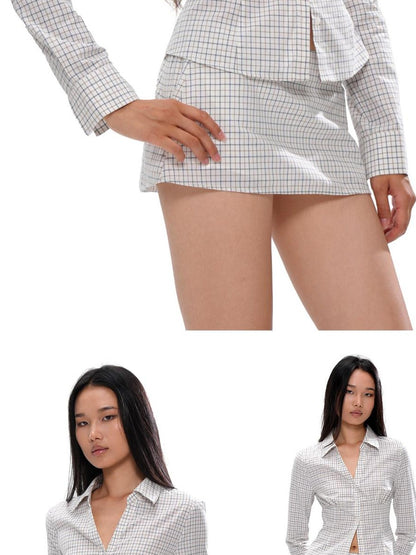 SweetChilling Blue Plaid V-neck Long Sleeve Waist Cinch Women&