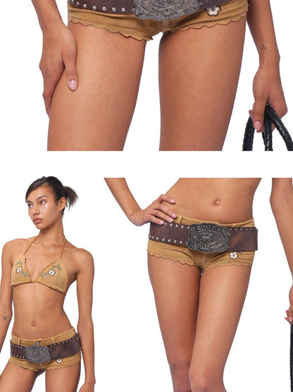 SweetChilling Brown Western Studded Heavywork Women&