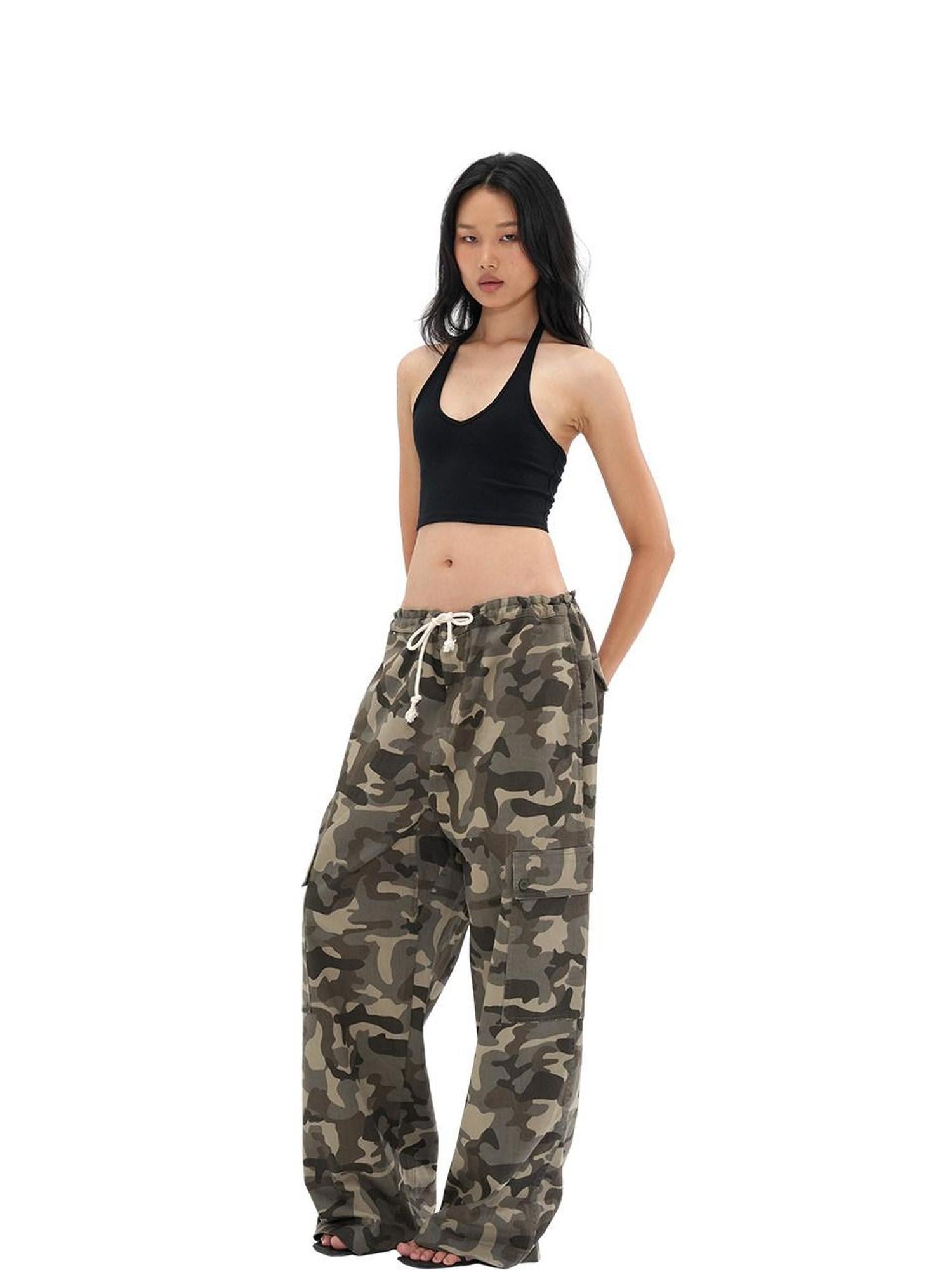 SweetChilling Camo Adjustable Waist Low Rise Loose Straight Women&