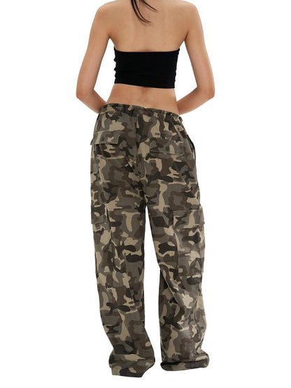 SweetChilling Camo Adjustable Waist Low Rise Loose Straight Women&