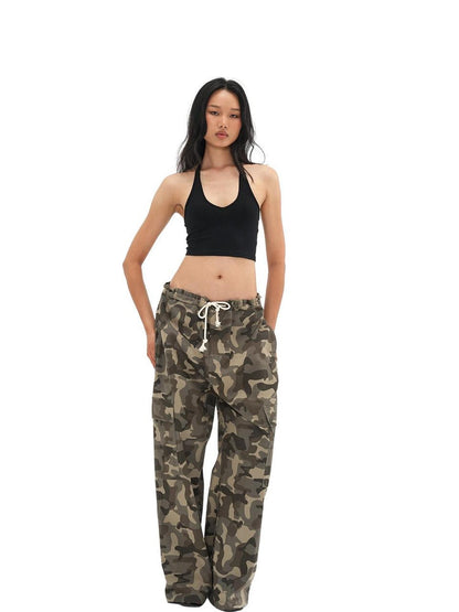 SweetChilling Camo Adjustable Waist Low Rise Loose Straight Women&