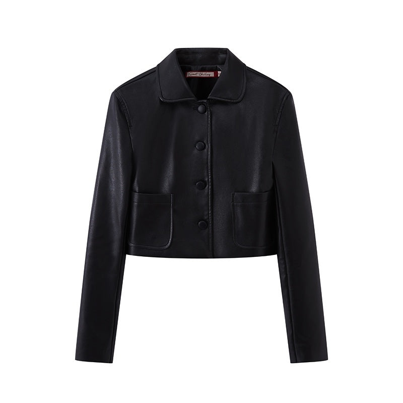 SweetChilling_Chocolate_Block_Faux_Leather_Cropped_Long_Sleeve_Women&